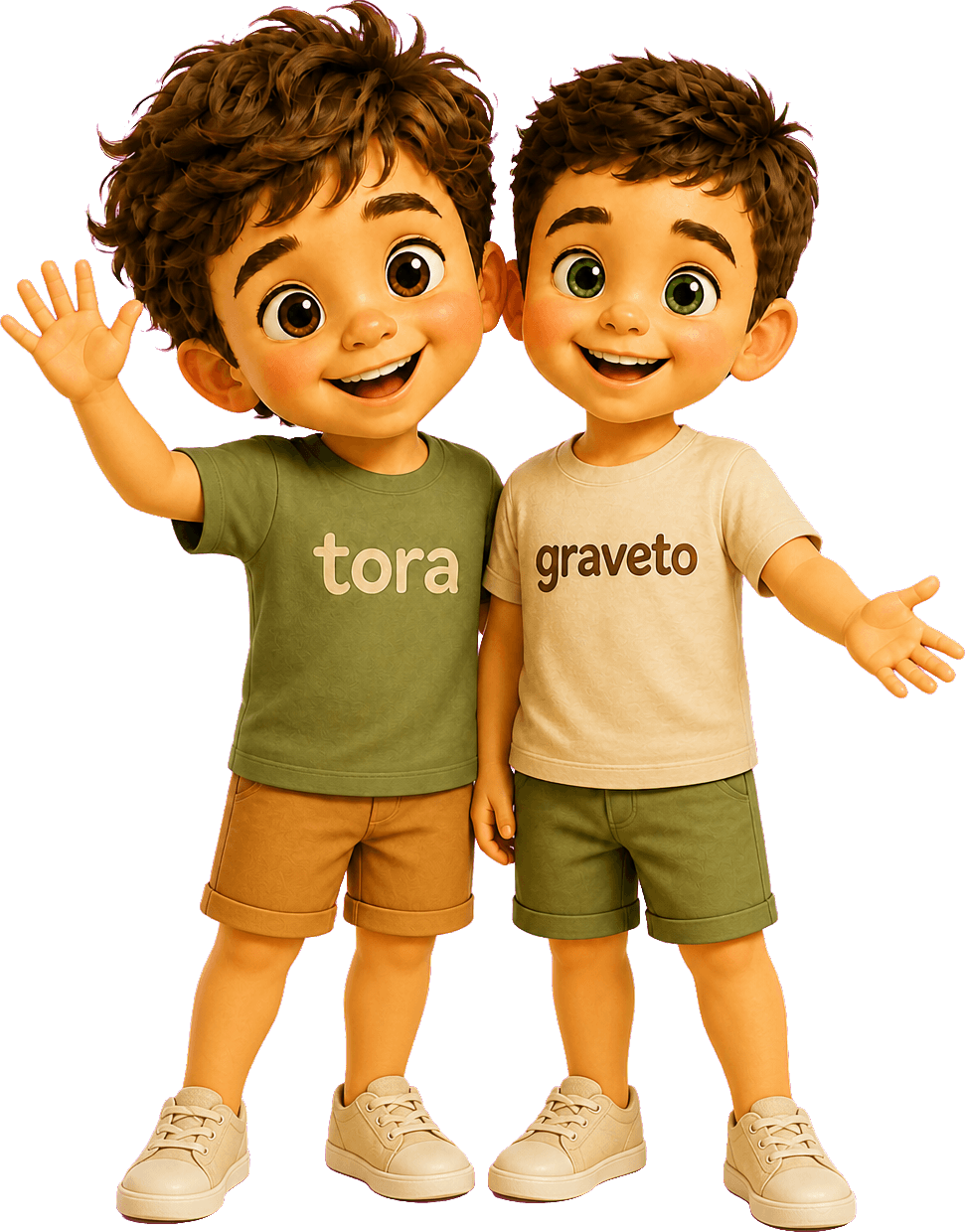 Tora e Graveto, os mascotes 3D do canal: Tora, de camiseta verde-oliva, acena à esquerda; Graveto, de camiseta creme, abre o braço à direita.